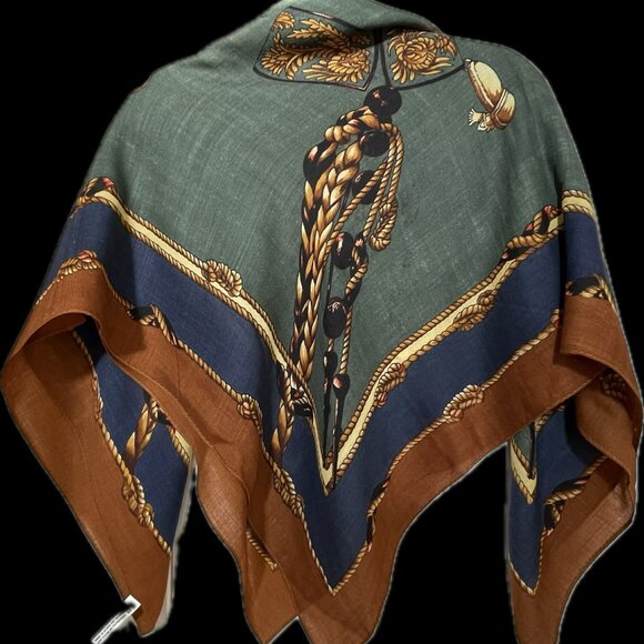 ANNE KLEIN wonderful 100% square scarf.Nautical print, brown, navy blue, green - Picture 4 of 9